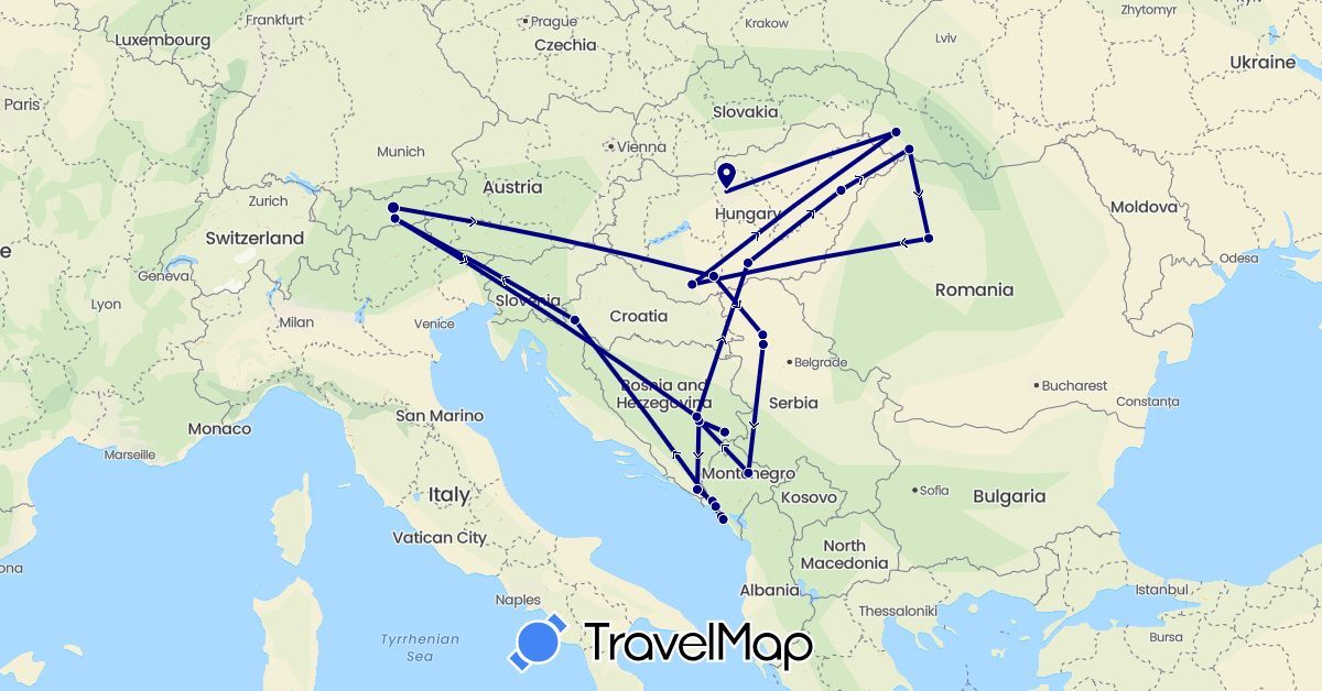 TravelMap itinerary: driving in Austria, Bosnia and Herzegovina, Croatia, Hungary, Montenegro, Romania, Serbia, Ukraine (Europe)